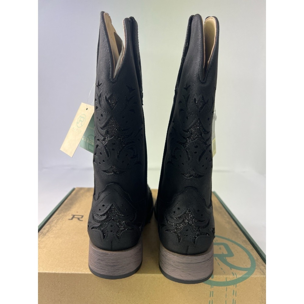 ROPER WOMEN'S KENNEDY BLACK WITH GLITTER INLAY WIDE SQUARE TOE COWBOY BOOTS Sz 9 - Picture 6 of 11